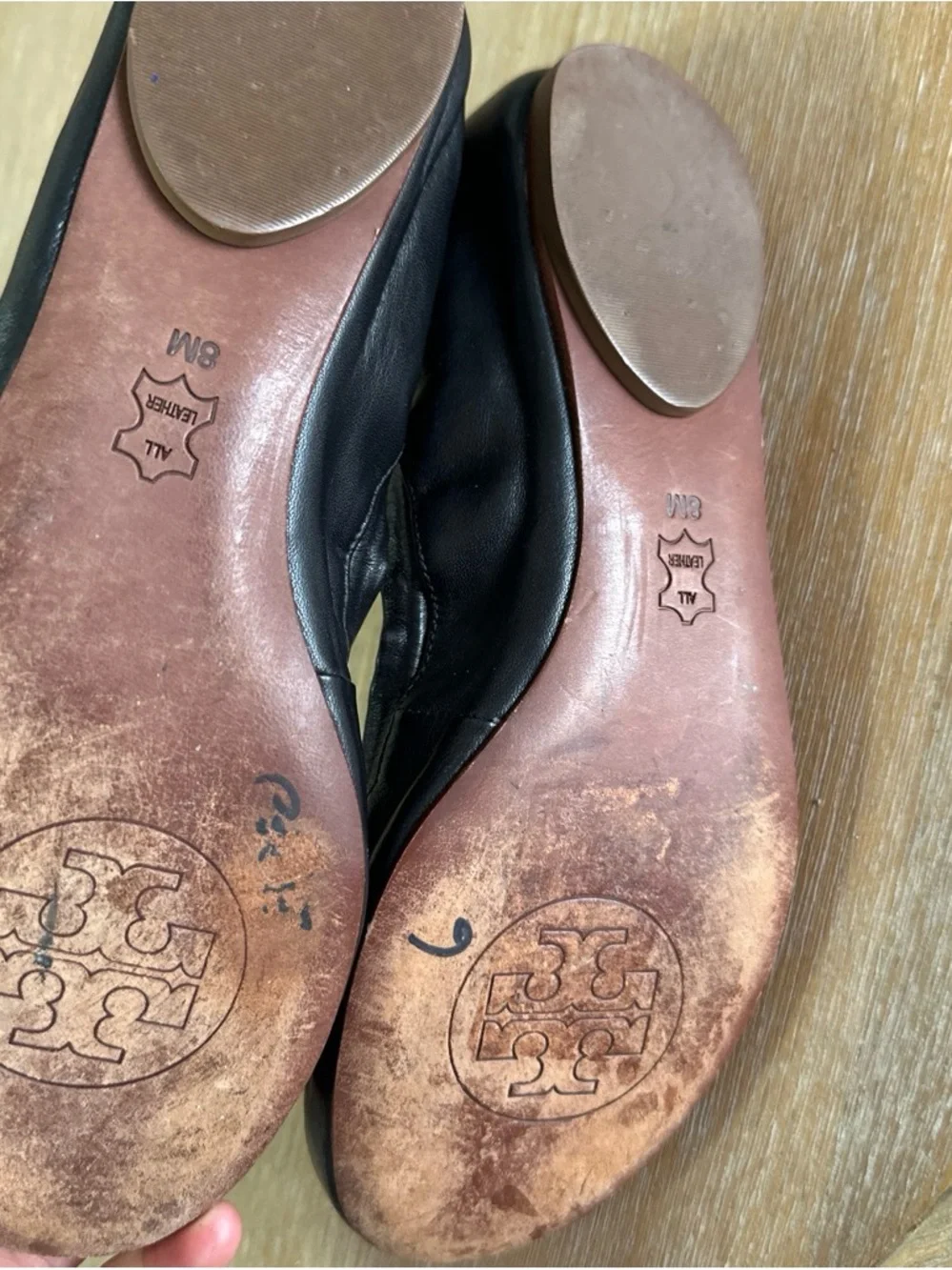 Tory Burch Black Leather Flower Logo Ballet Flats